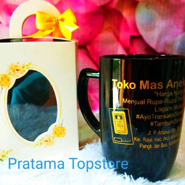 SOUVENIR GELAS BESAR MUG GAGANG BLACK GOLD DENGAN BOX ELEGAN | GELAS MUG JUMBO BLACK GLOSSY SABLON G