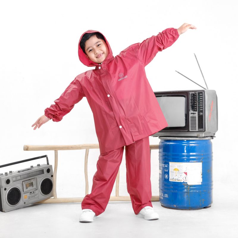 HOODJAS / Jas Hujan Setelan Anak / Raincoat Premium Bahan PVC NYLON Merah / Mantel Anak Laki Laki Perempuan / Model Terbaru