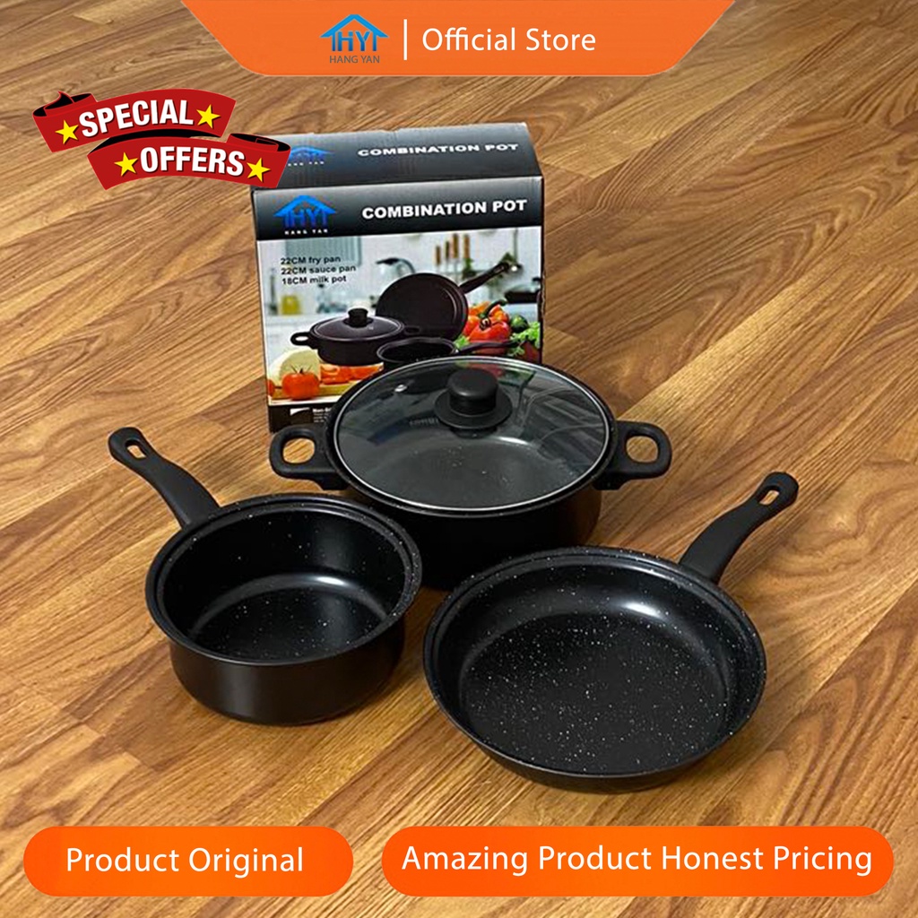 Panci Set 3 IN 1 Anti Lengket Panci Isi 3 Tutup Kaca Panci Set Pot Cookware Set Anti Lengket-Black