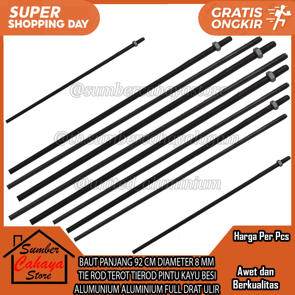 Baut Panjang 92 Cm Diameter 8 Mm  10mm Tie Rod Terot Tierod Pintu Kayu Besi Alumunium Aluminium Full