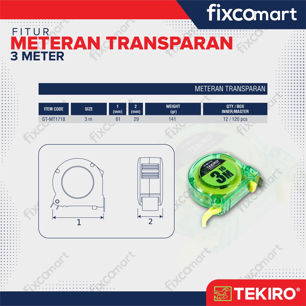 Tekiro Meteran Transparan 3 M / Tekiro Alat Ukur Manual