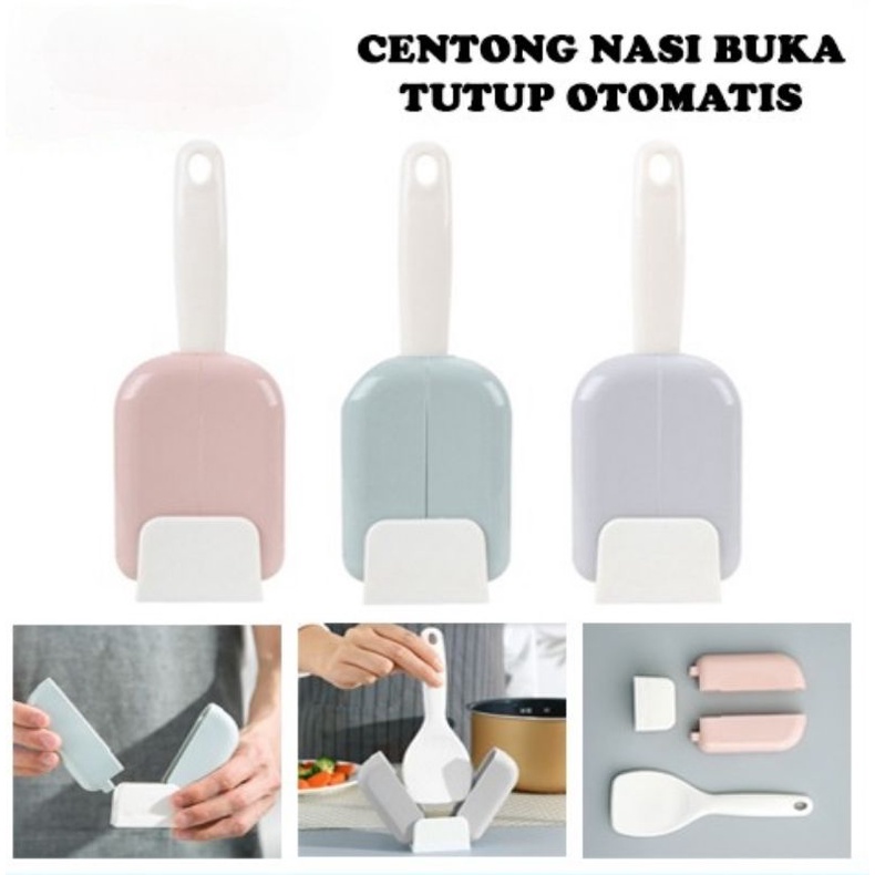 Centong Nasi Dengan Penutup Cover Otomatis Tempat Sendok Nasi Plastik Rice