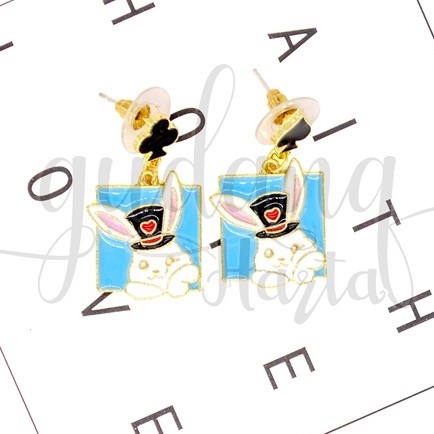 Anting Stud Alice Mr Rabbit Earrings Motif Kelinci Biru Putih Unik GH 203315