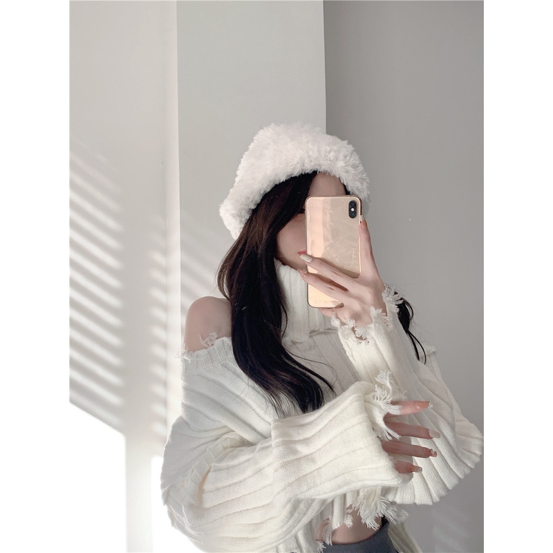 ✺¤Suhao Versi Korea Hollow Lengan Panjang Sweater Wanita Musim Gugur dan Musim Dingin 2022 Baru Putih Lembut Lubang Menebal Pendek rajutan Sweater Jaket