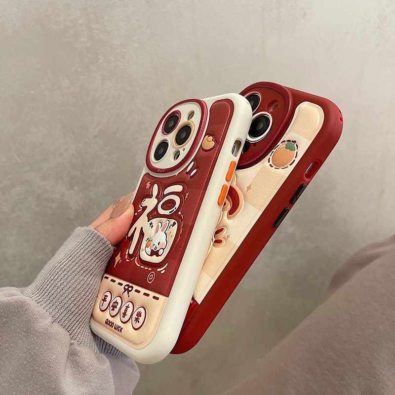 IPHONE Casing Ponsel Desain Kelinci Happy New Year Merah Kompatibel Dengan Iphone12 13 14 11 Pro Max Ggwj