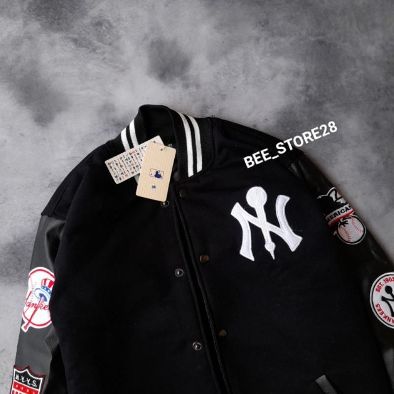 JACKET VARSITY NY MLB HITAM FULL BLACK LOGO PACT BORDIR PREMIUM FULLTAG &amp; LEBEL