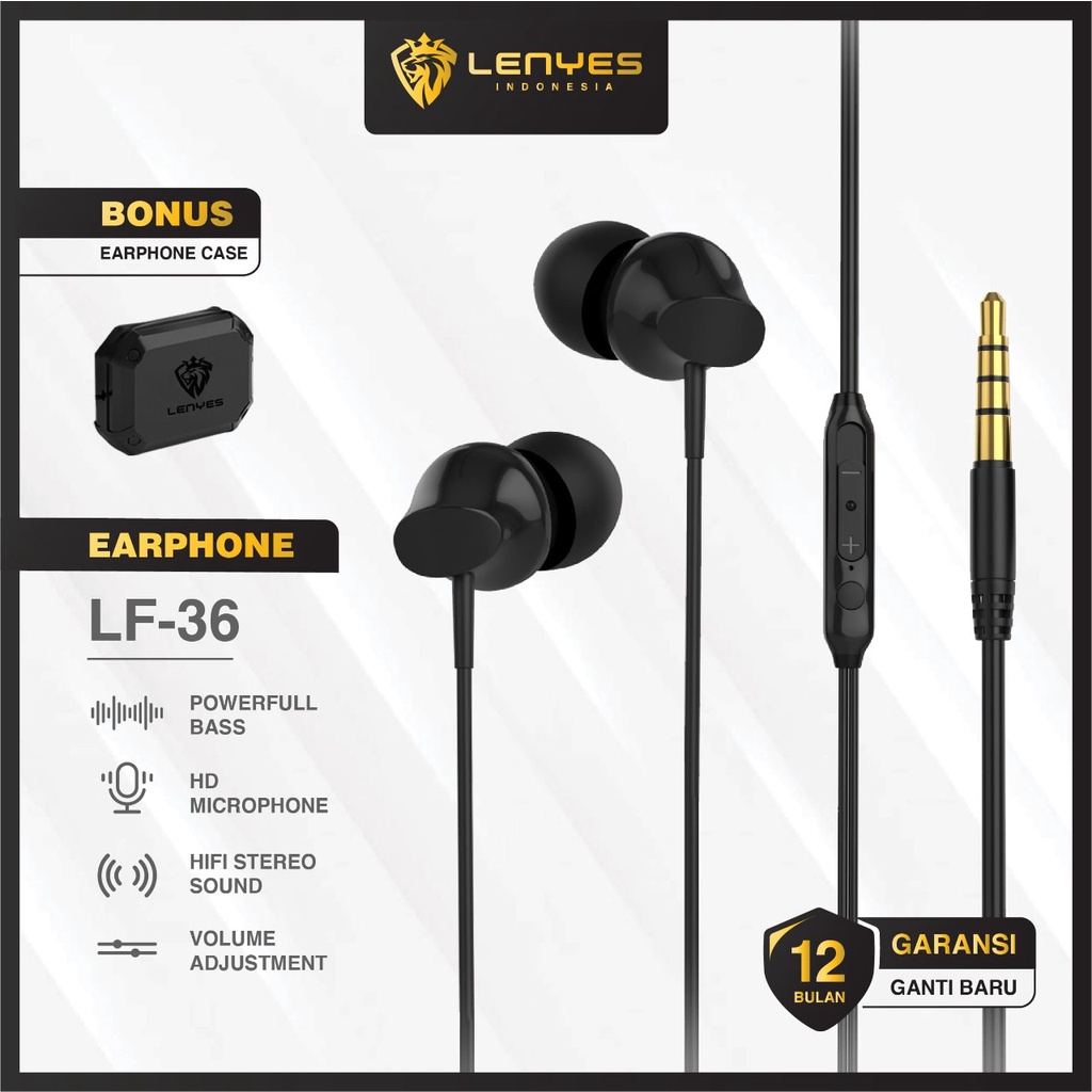 Handsfree in ear hifi stereo earphone extra Bass Lenyes LF-36 - Black