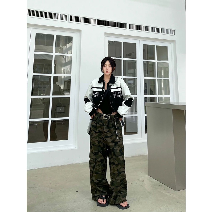 American Retro Gaya Jalan Jaket Baseball Wanita Wol PU Kulit Pendek Bersulam Patchwork Top