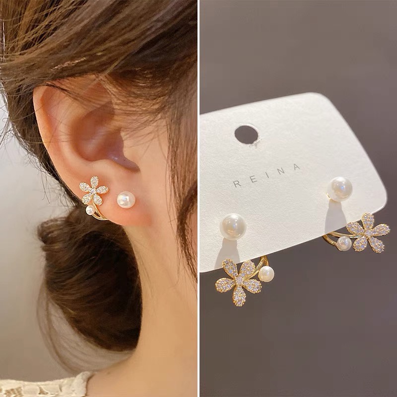 Anting Mutiara Bunga Kecil Gaya Korea Desain Niche Gaya Baru Cahaya Mewah Anting Dua-Pakai High-End