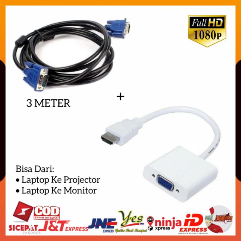 (COD) CONECTOR ADAPTER HDTV MALE TO VGA FEMALE CONVERTER + KABEL VGA TO VGA DIGITAL 3 METER / BISA DARI LAPTOP KE PROYEKTOR MONITOR