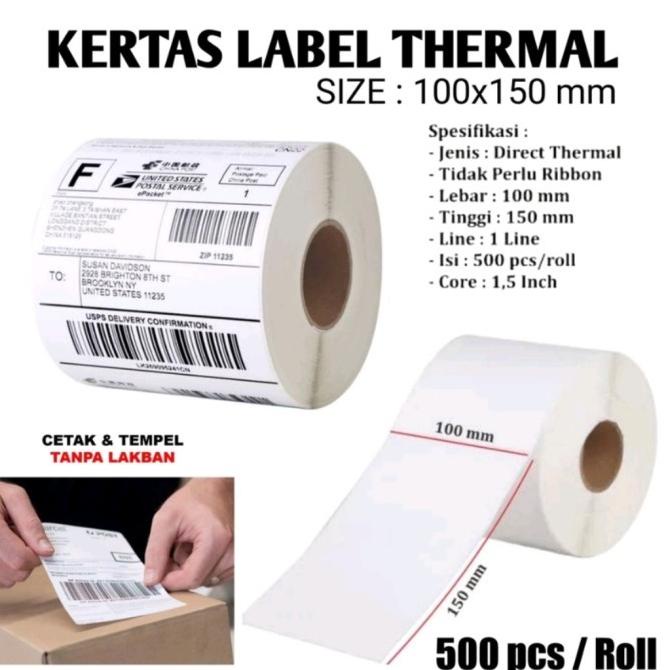 

Kertas Resi Label Thermal Barcode Roll A6 - 100x150mm Roll isi 500 pcs
