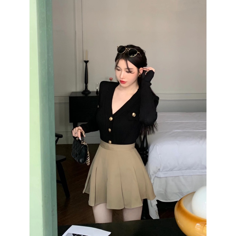 ▫⊙❉Suhao hitam rajutan kardigan kecil wanita musim gugur Korea hot girl V-neck temperamen slim slim lengan panjang mantel pendek top