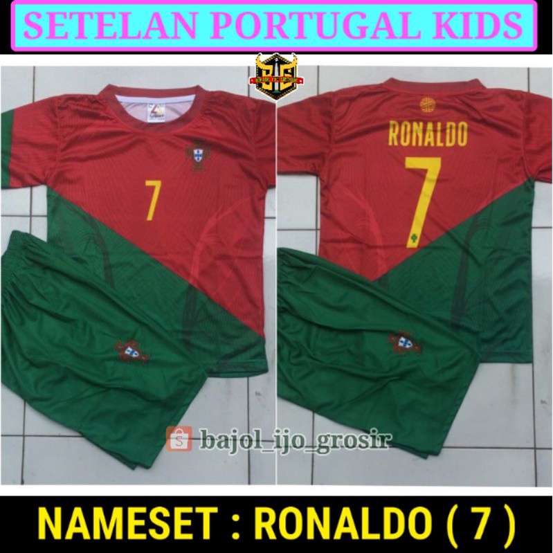 SETELAN ANAK PORTUGAL HOME 2022 RONALDO 7 WOLRD CUP PRINTING MERAH HIJAU JERSEY CELANA KIDS