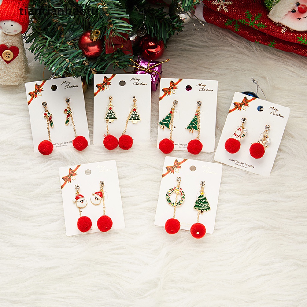 [tiantianbaofu] 1pasang Fashion Natal Stud Earrings Desain Baru Asimetris Anting-Anting Pohon Xmas Beruang Coklat Snowman Santa Claus Menjuntai Anting-Anting Perhiasan Butik