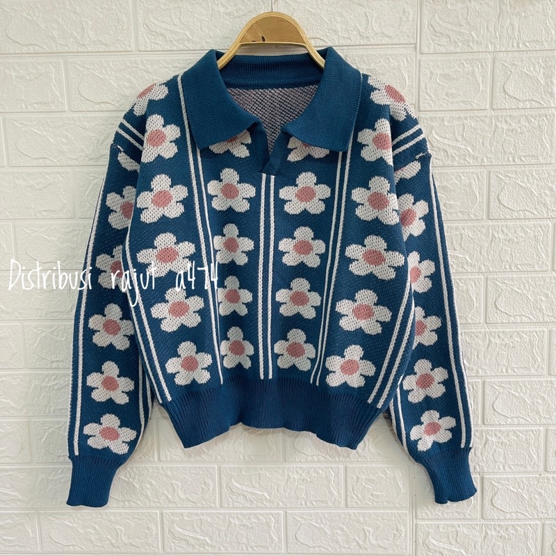 SWEATER RAJUT POLO KERAH AGNES MOTIF BUNGA WANITA