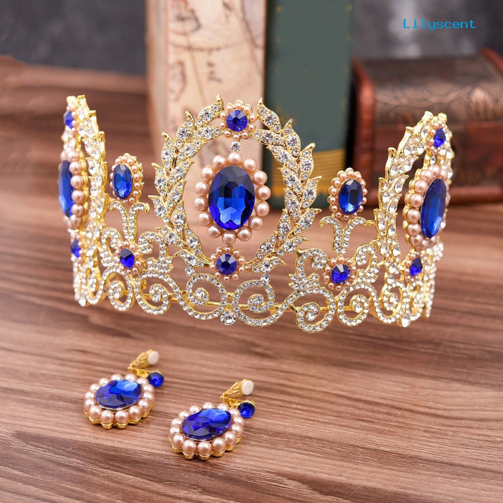 [LS]Baroque Wanita Berlian Imitasi Mahkota Mutiara Imitasi Tiara Anting Set Perhiasan Pernikahan