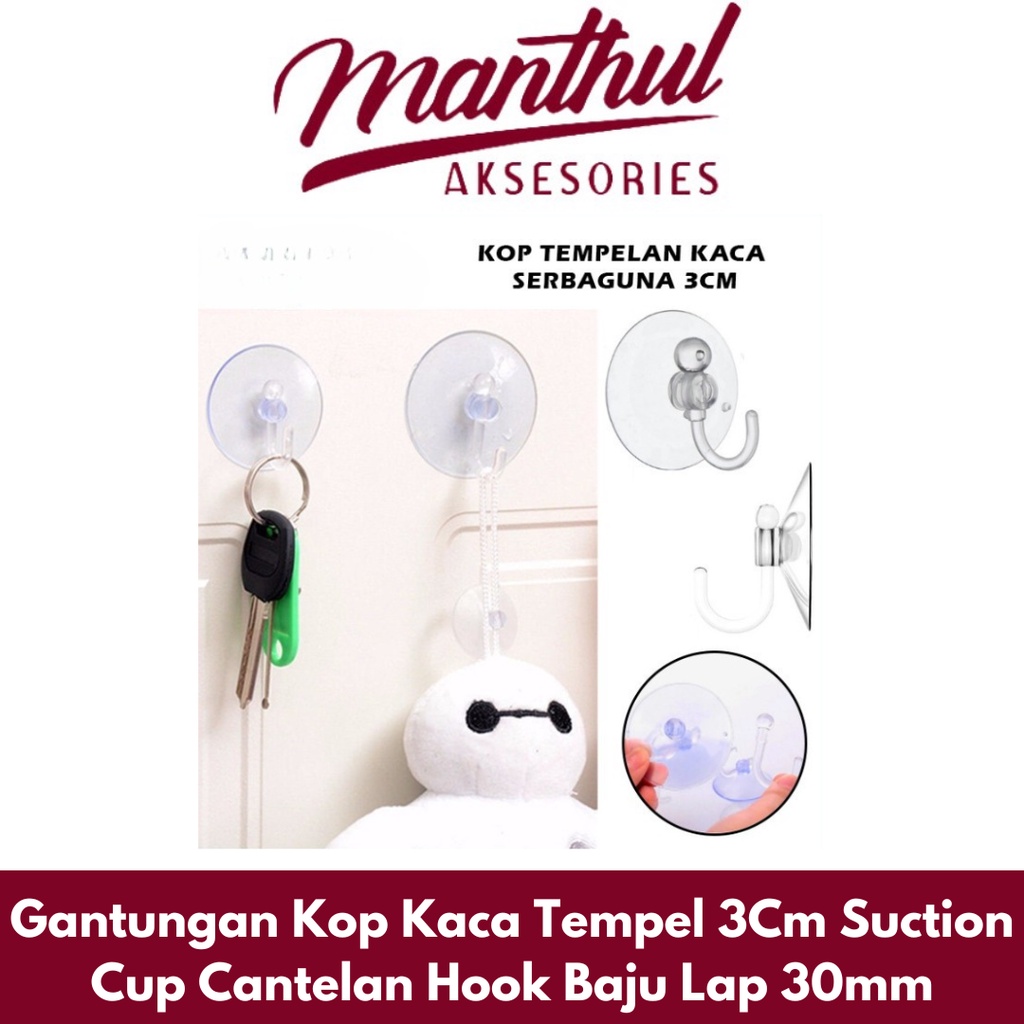 Gantungan Kop Kaca Tempel 3Cm Suction Cup Cantelan Hook Baju Lap 30mm