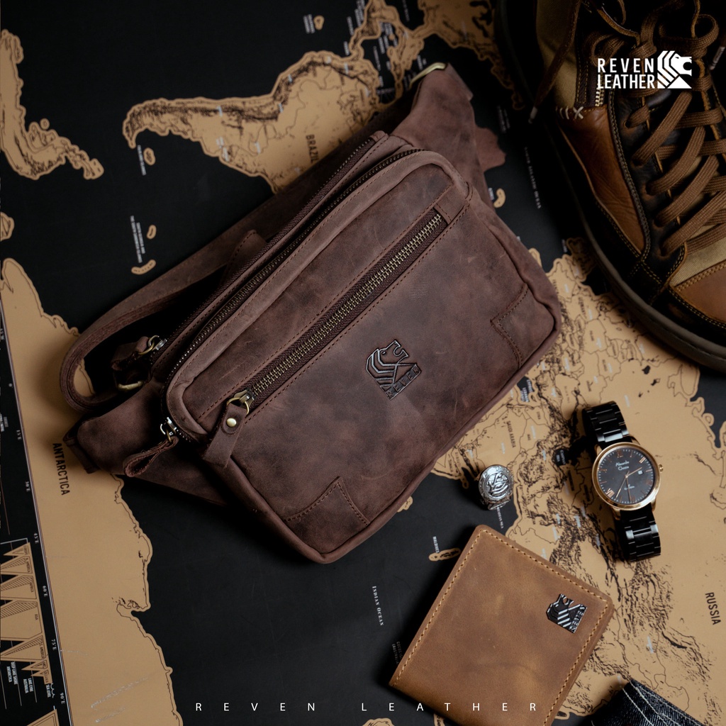 REVEN LEATHER - Tas Selempang Pria Kulit Sapi Asli Tas Slempang Punggung Kulit sapi Hazar Bag Pria Desain Stylish Dan Keren Bahan Kulit Sapi Asli Premium