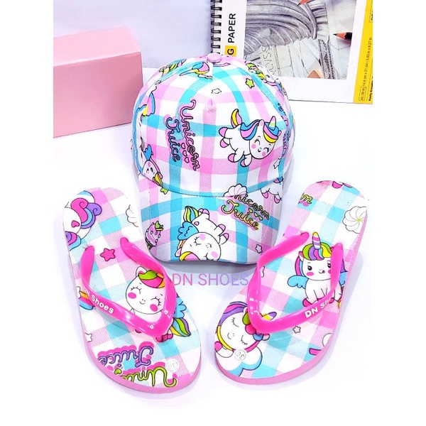 Paket Sandal Anak dan Topi Anak Perempuan Sandal Jepit Anak Topi Anak Karakter Unicorn Juice Pink Lucu