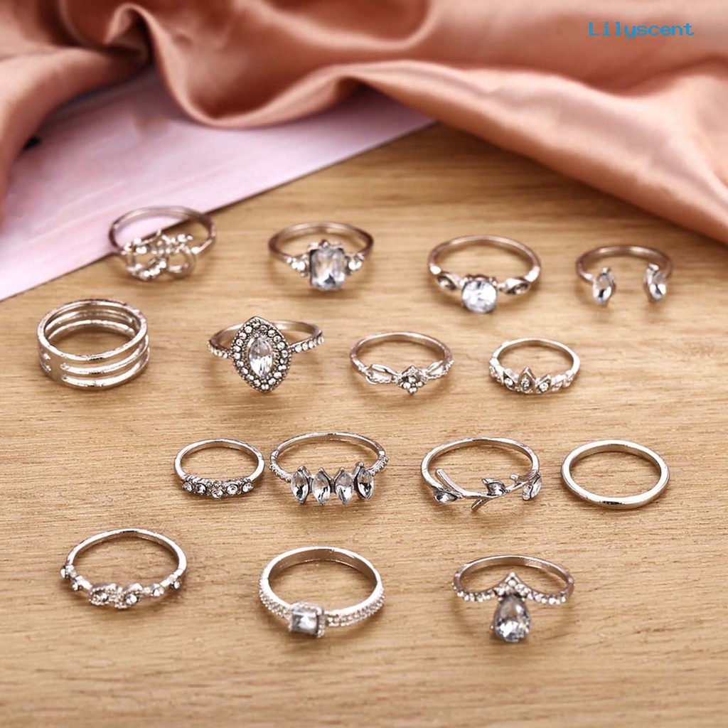 [LS]15Pcs /Set Cincin Jari Individualitas Kreatif Alloy Pola Berbeda Cincin Berlian Imitasi Untuk Kehidupan Sehari-Hari