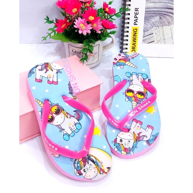 Sandal Anak Perempuan Sandal Jepit Anak Cewek Sandal Flat Anak Cewe Motif Unicorn Biru Lucu