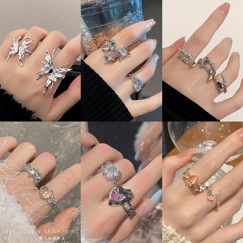 YEEZII Set Cincin Batu Permata Vintage Emas Perak Untuk Wanita Cinta Hati Jari Cincin Perhiasan Aksesoris