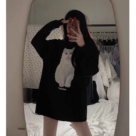 sweter wanita kekinian retro lengan panjang cat Graphic printed sweater hitam basic sweater crewneck