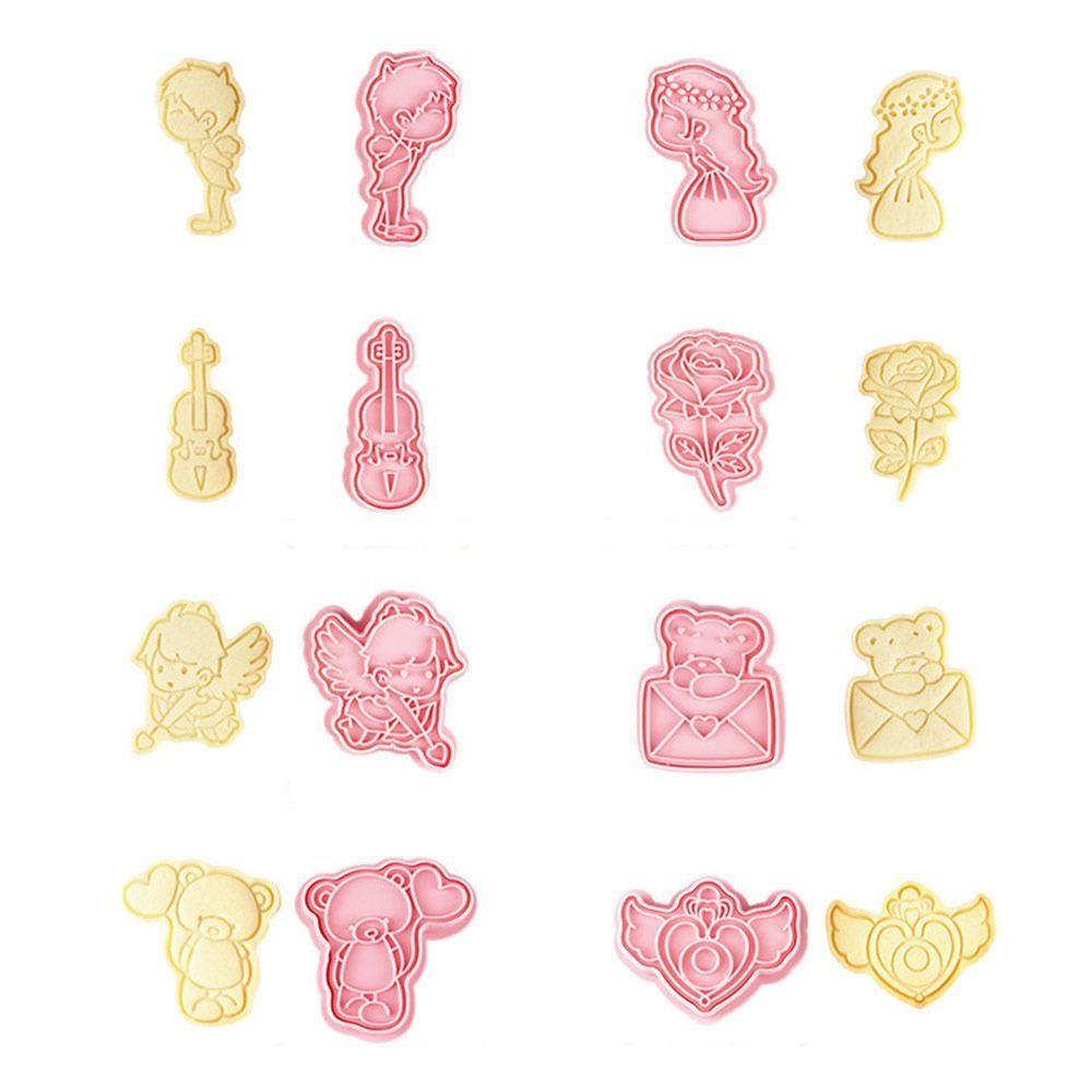 Solighter 8pcs/set Hari Valentine Alat Kue Plunger Gitar Cupid Amplop Plastik Bunga Mawar Cookie Cutter