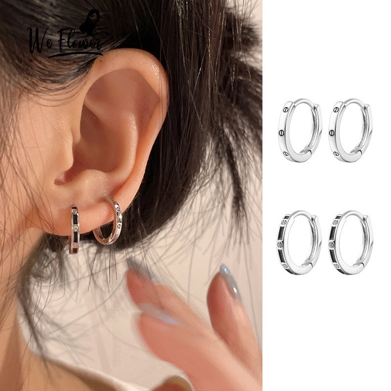 We Flower Chic Hitam Perak Geometris Hoop Anting Untuk Wanita Gadis Sederhana Fashion Hypoallergenic Lingkaran Bulat Anting-Anting Minimalis Telinga Perhiasan