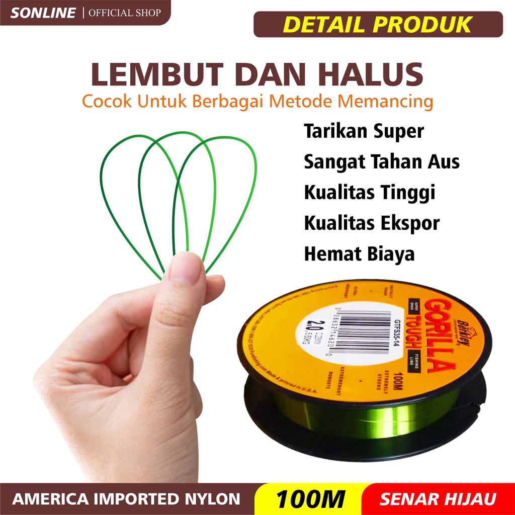 SONLINE Tali Pancing  Berkley Gorilla Tough Warna Hijau Lumut Senar Pancing Amerika 100m Super Kuat &amp; Tahan Bahan Nilon