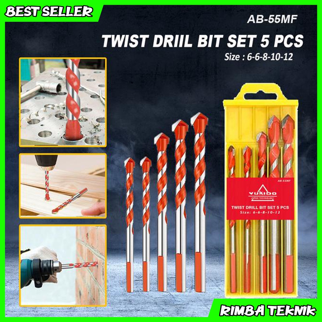 Mata Bor Multifungsi Set 5 pcs 6mm - 12mm Twist Drill Bit Set Multi Purpose HSS Triangle Bor Besi Kayu Betok Kramik Plastik Aluminium