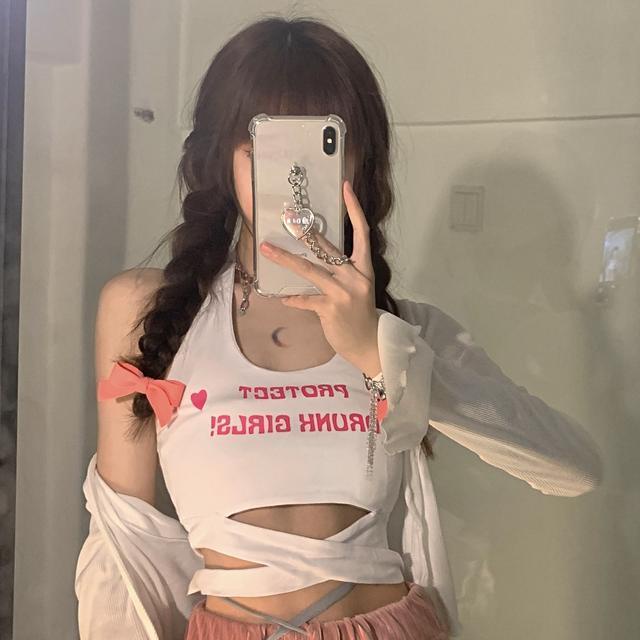 Setelan one-piece Suhao untuk Barbie~ Kamisol salib huruf merah muda gadis imut Korea + kardigan rajutan tabir surya