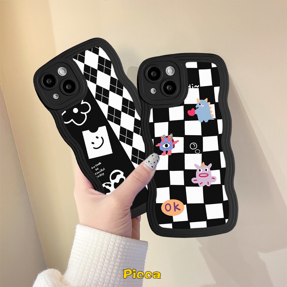 Couple Case Realme C53 C33 C15 C25 C25Y C30 C35 C17 C21Y C12 C11 C25s C20 C20A 9 9Pro+ 9i 8i 8Pro 7 C3 7i 5i 6i 5kotak Diamond Grid Hitam Dan Putih Little Monster Wavy Edge Soft Case