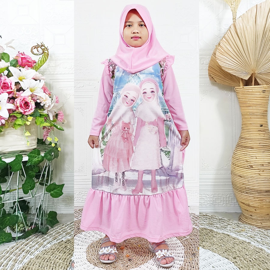 GAMIS ANAK PEREMPUAN PRINTING SET HIJAB CANTIK SOLEHA 2-13tahun GL FASHION