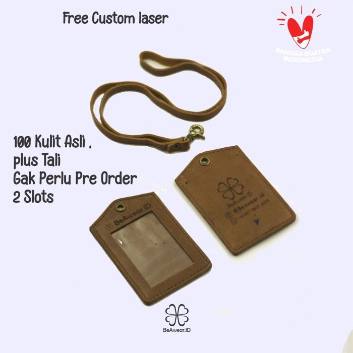 

#@#@#@#@] Nametag ID Card Holder Lanyard Tali Kulit Asli Gratis Custom Laser