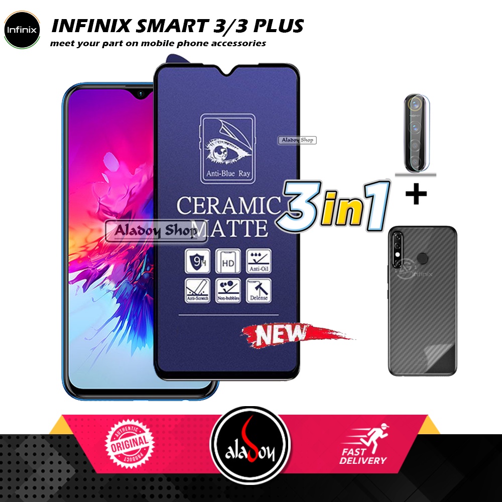 PAKET 3IN1 Anti Gores Blue Matte Anti Glare Infinix Smart 3/3 Plus + Tempered Glass Camera dan Skin Carbon