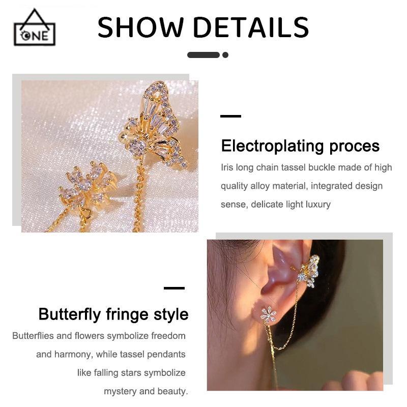 COD❤️Anting Kupu-kupu Cinta Bunga Telinga Tulang Klip  Terintegrasi Desain Rasa Temperamen Rumbai Eardrop-A.one