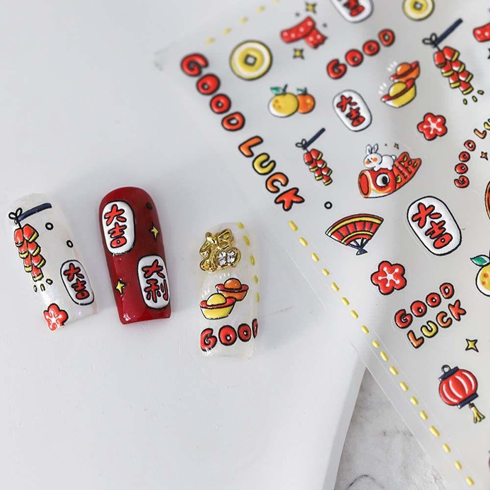 AUGUSTINA Agustina Stiker Kuku Imlek Wanita 3D Relief Tahun Baru Nail Art Manicure Aksesoris Karakter Cina Dekorasi Nail Art