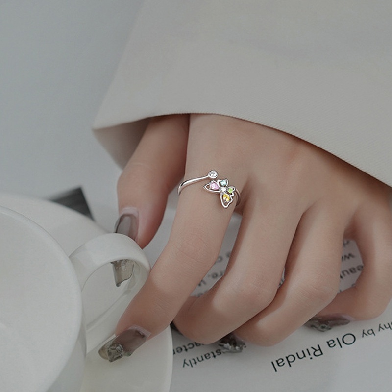 S925 Perak Kupu-Kupu Warna Kristal Cincin Perempuan Pribadi Pembukaan Adjustable Cincin Aksesoris Hadiah