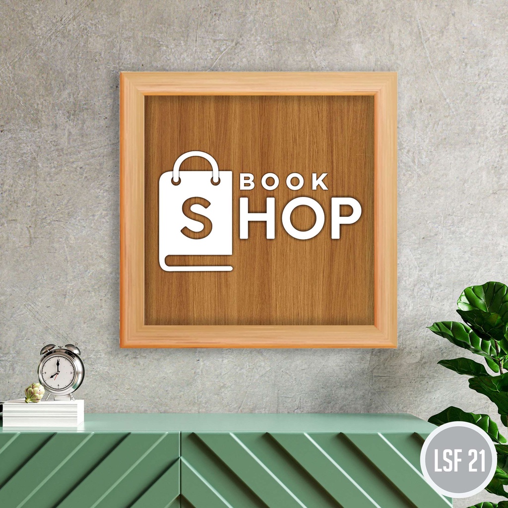 Jual Sehari Jadi Papan Logo Book Shop Kayu Huruf Timbul Akrilik Frame