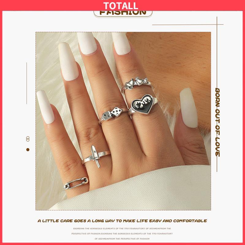 COD Domingo Ring Alloy peniti dadu love pedang retro silver cincin wanita fashion korea 5 set-Totall