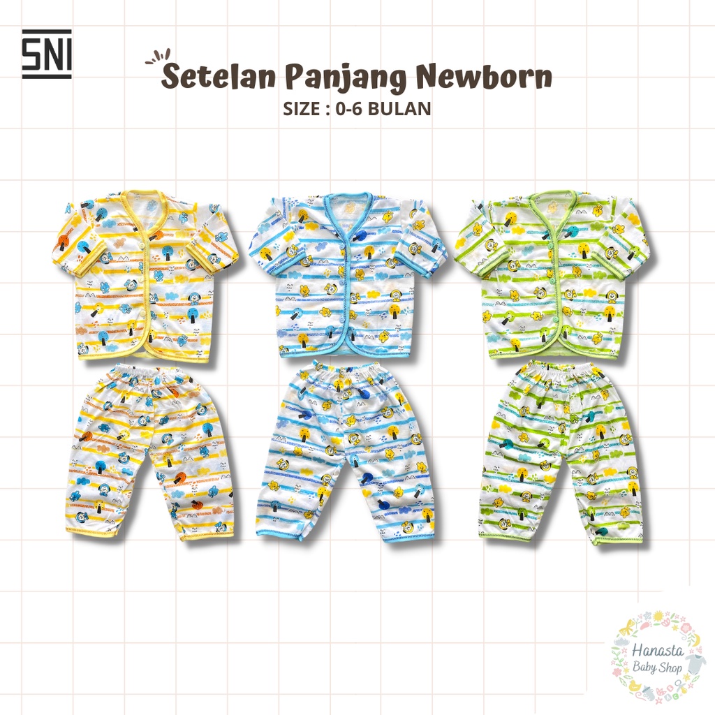 Baju Bayi Newborn Setelan Panjang Katun Garis Boneka 0-6 Bulan