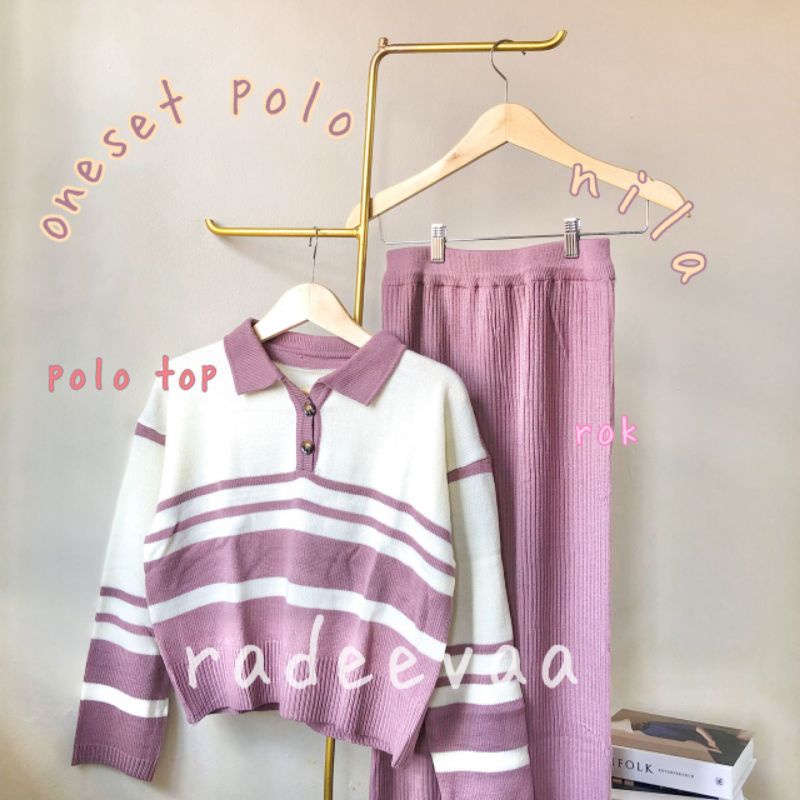 ONE SET RAJUT POLO KNIT SWEATER STRIPE LONGSLEEVE DAN ROK SPAN KNITTED KOREAN SETELAN BAJU WANITA