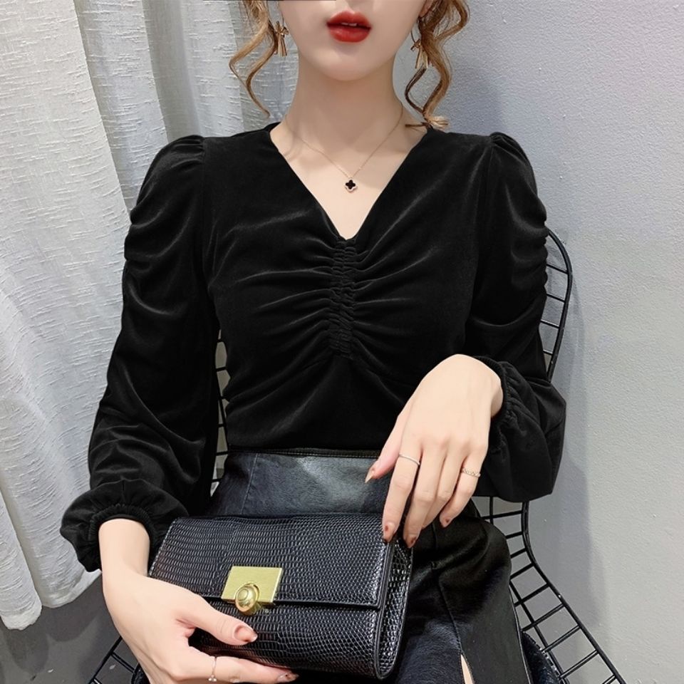 ㍿✙Suhao emas beludru bottoming kemeja wanita musim semi dan musim gugur 2022 gaya baru gaya asing longgar all-match puff lengan v-neck top lengan panjang t-shirt
