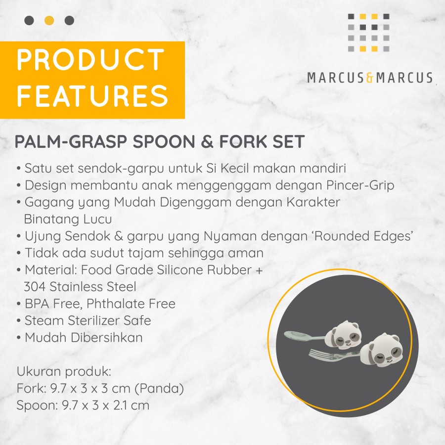 Marcus &amp; Marcus M&amp;M Palm Grasp Spoon &amp; Fork Set Gray Panda - Sendok Makan Anak Stainless Ukuran Telapak Tangan