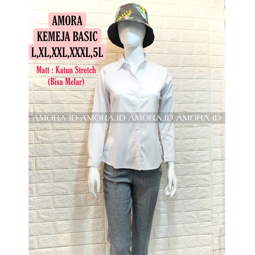 AMORA KEMEJA PUTIH M L XL XXL XXXL XXXXL XXXXXL 5L BIGSIZE / KEMEJA KERJA / BAJU KERJA / KEMEJA KATUN STRETCH PUTIH POLOS