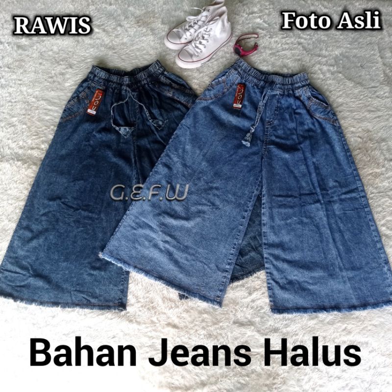 Celana Kulot Jeans Rawis Ukuran Jumbo Big Size Xxxl Xxl Lebar Samping Mayung Dari Bb 60kg Sampai Bb 90kg / Kulot Levis Panjang Rawis Bawah Sobek Pinggang Karet Warna Hitam Snow Biru Snow Bahan Denim Lembut Halus Tidak Luntur