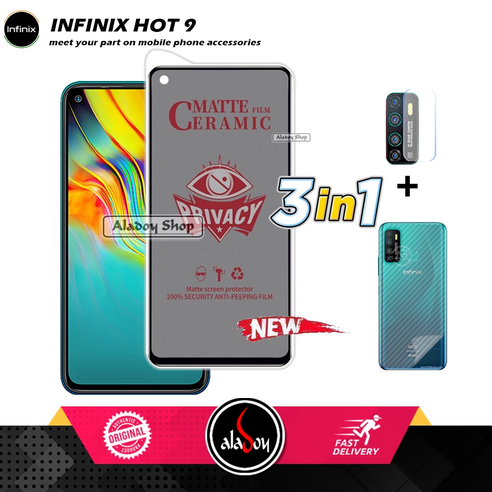 Tempered Glass Anti SPY Infinix Hot 9 Anti Gores Privacy + Tempered Glass kamera dan Skin Carbon