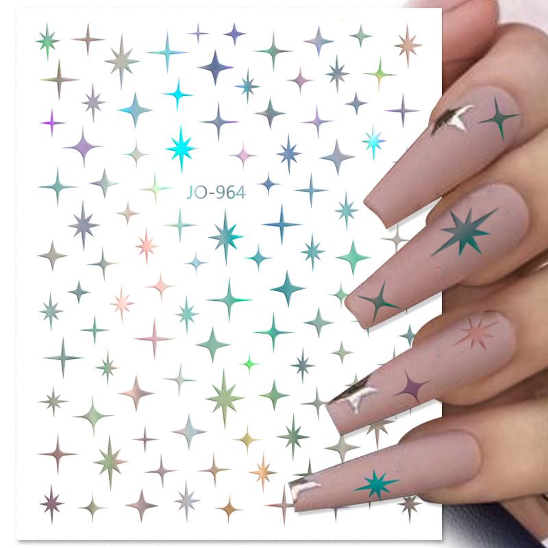 Stiker Kuku Holografik 3D Motif Bintang / Hati / Kupu-Kupu Warna Gold / Silver Untuk Dekorasi Nail Art DIY