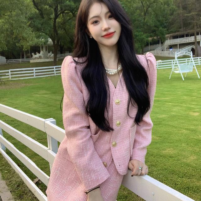 Setelan one-piece Suhao tepat ~ Setelan wewangian kecil merah muda dengan mantel pendek lengan kembung + set dua potong rok pinggang tinggi